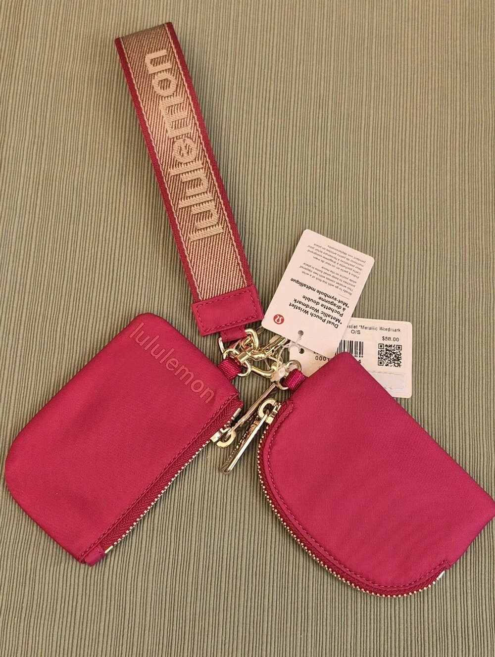Lululemon Berry Rumble Pink Metallic Gold Wordmark Dual Pouch Wristlet Keychain - Picture 1 of 5